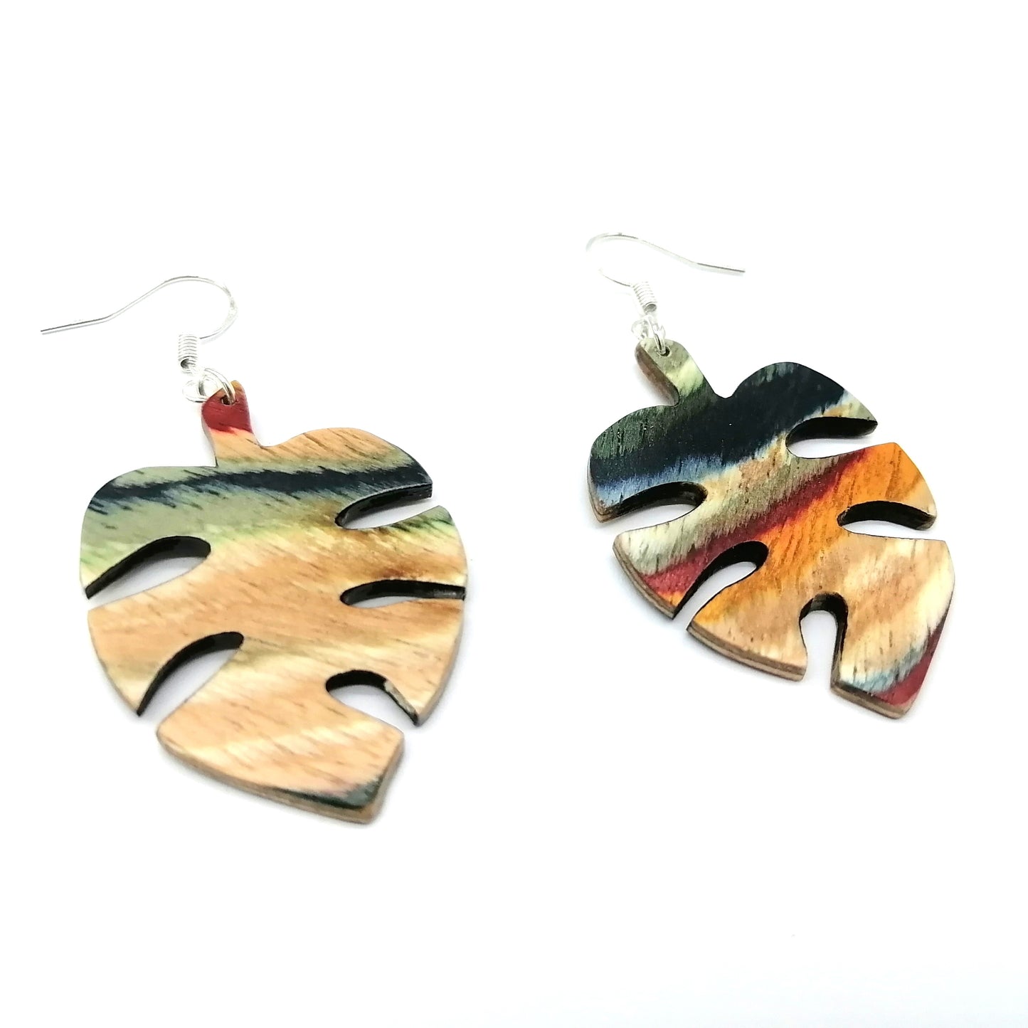 Multicolor  wood monstera Handmade  Earrings ear009