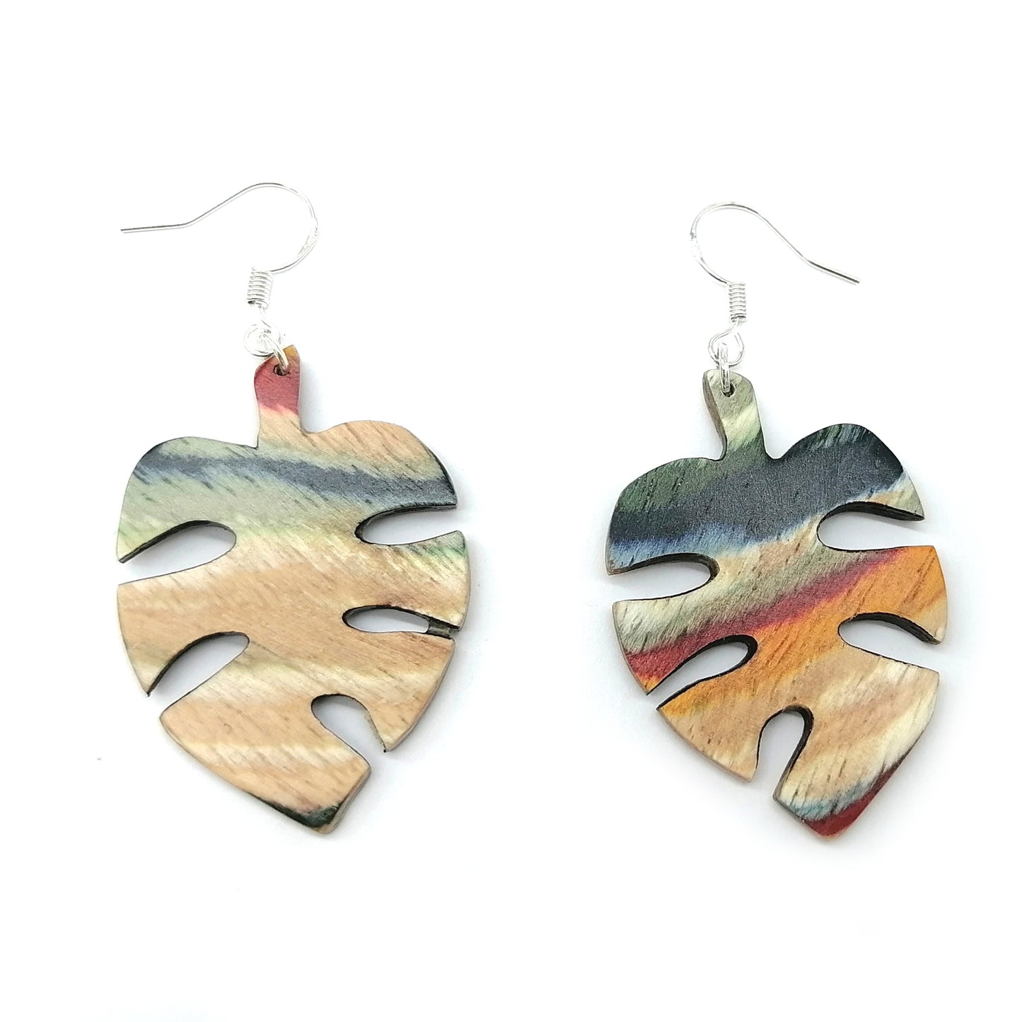 Multicolor  wood monstera Handmade  Earrings ear009