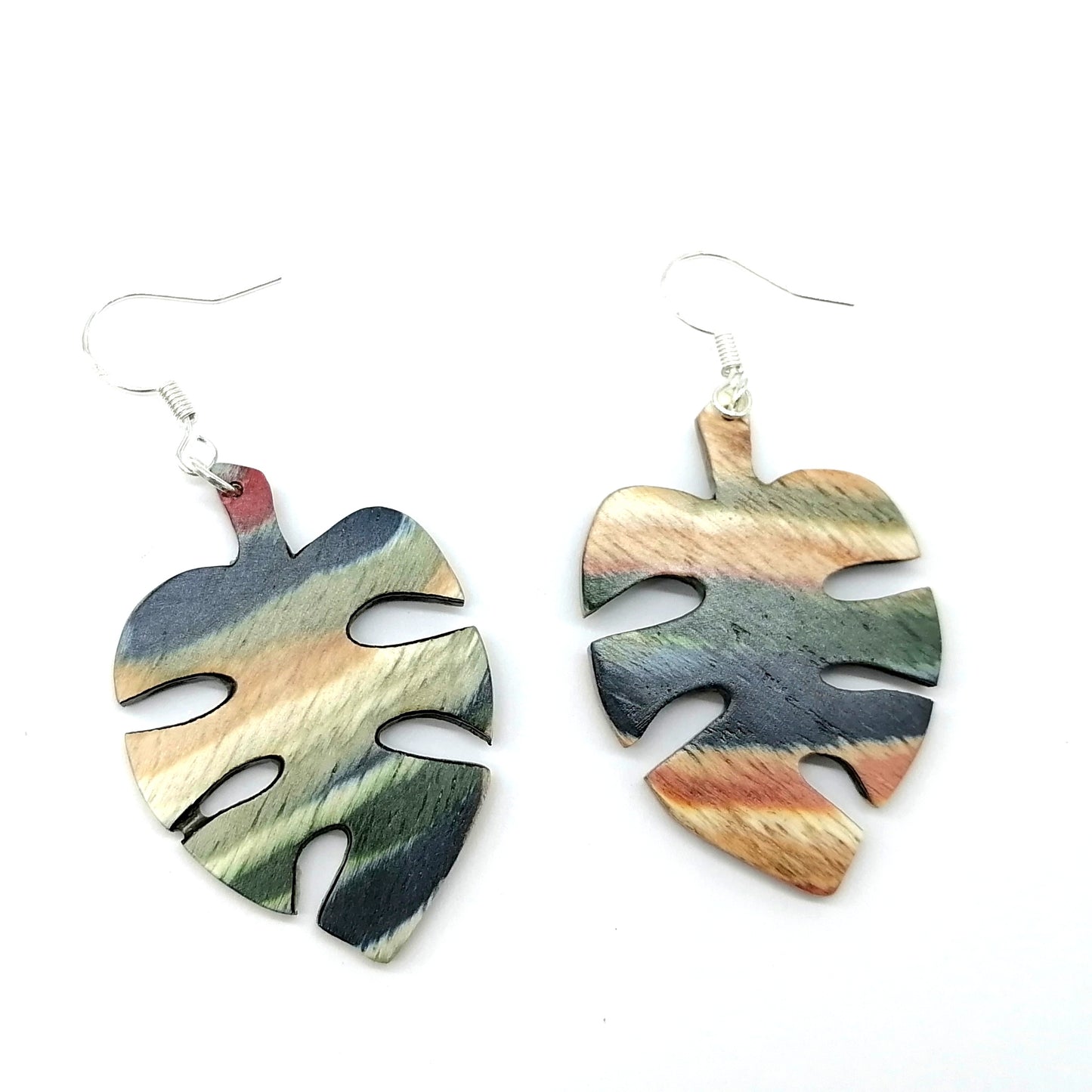 Multicolor  wood monstera Handmade  Earrings ear009