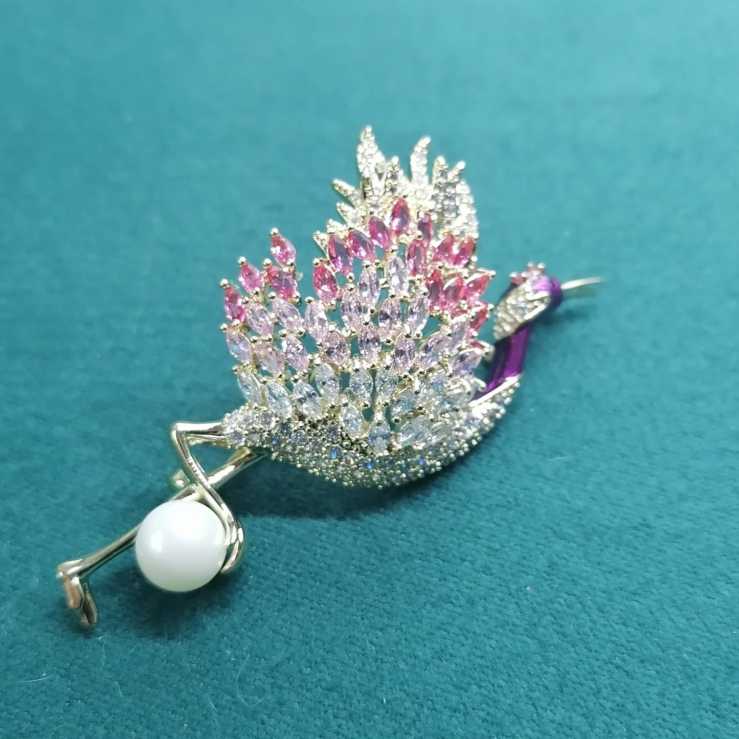 Crane Brooch, Stunning Rhinestone Pearl