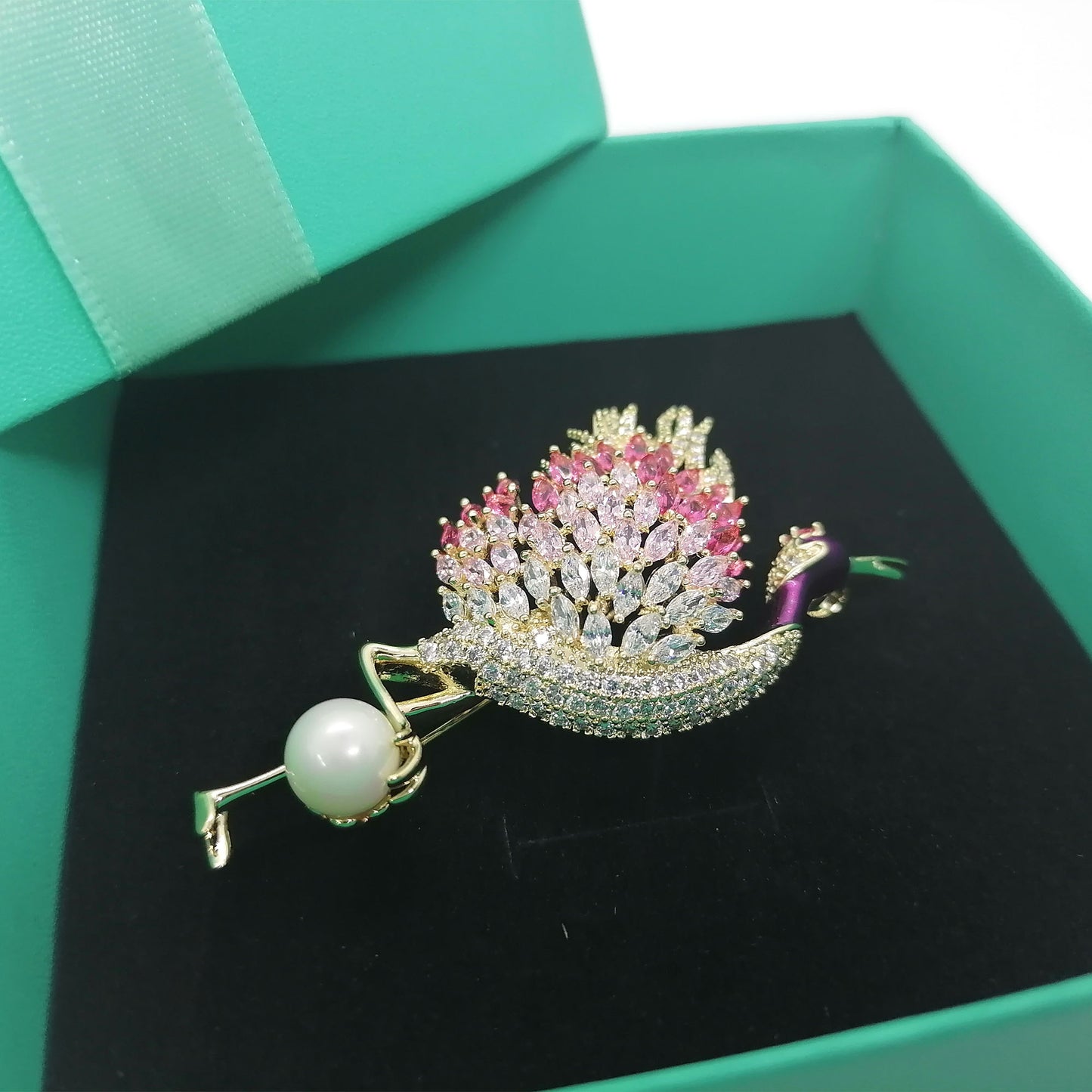 Crane Brooch, Stunning Rhinestone Pearl