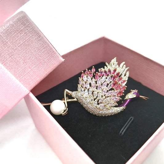 Crane Brooch, Stunning Rhinestone Pearl